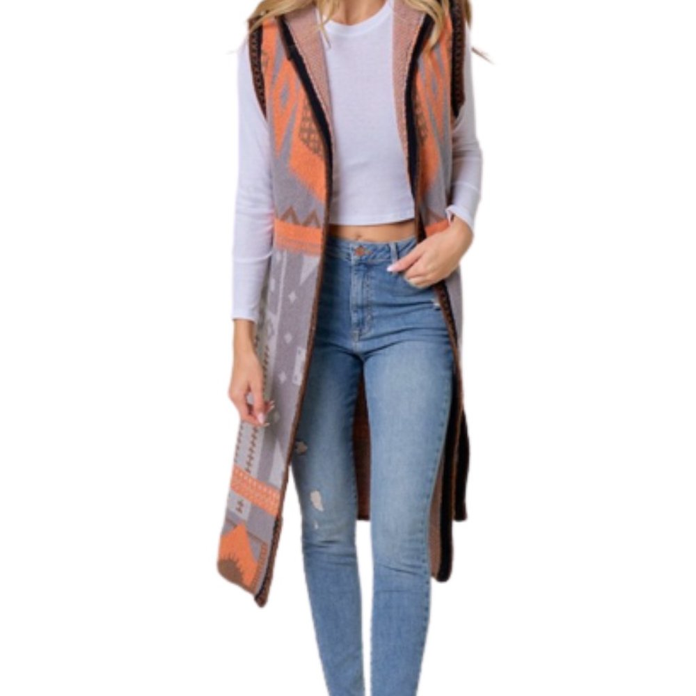 Women's Grey-Orange multi color Aztec Pattern Knit Hooded Long Cardigan … - Picture 3 of 6